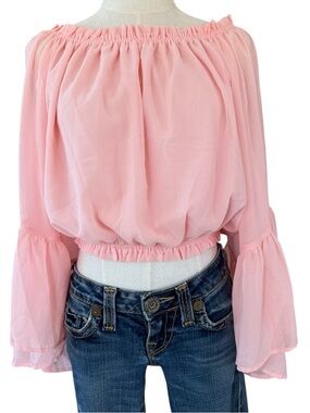 Shinestar Y2K Style Crop Top Pink Bell Sleeve Sheer Festival Coquette Blouse L